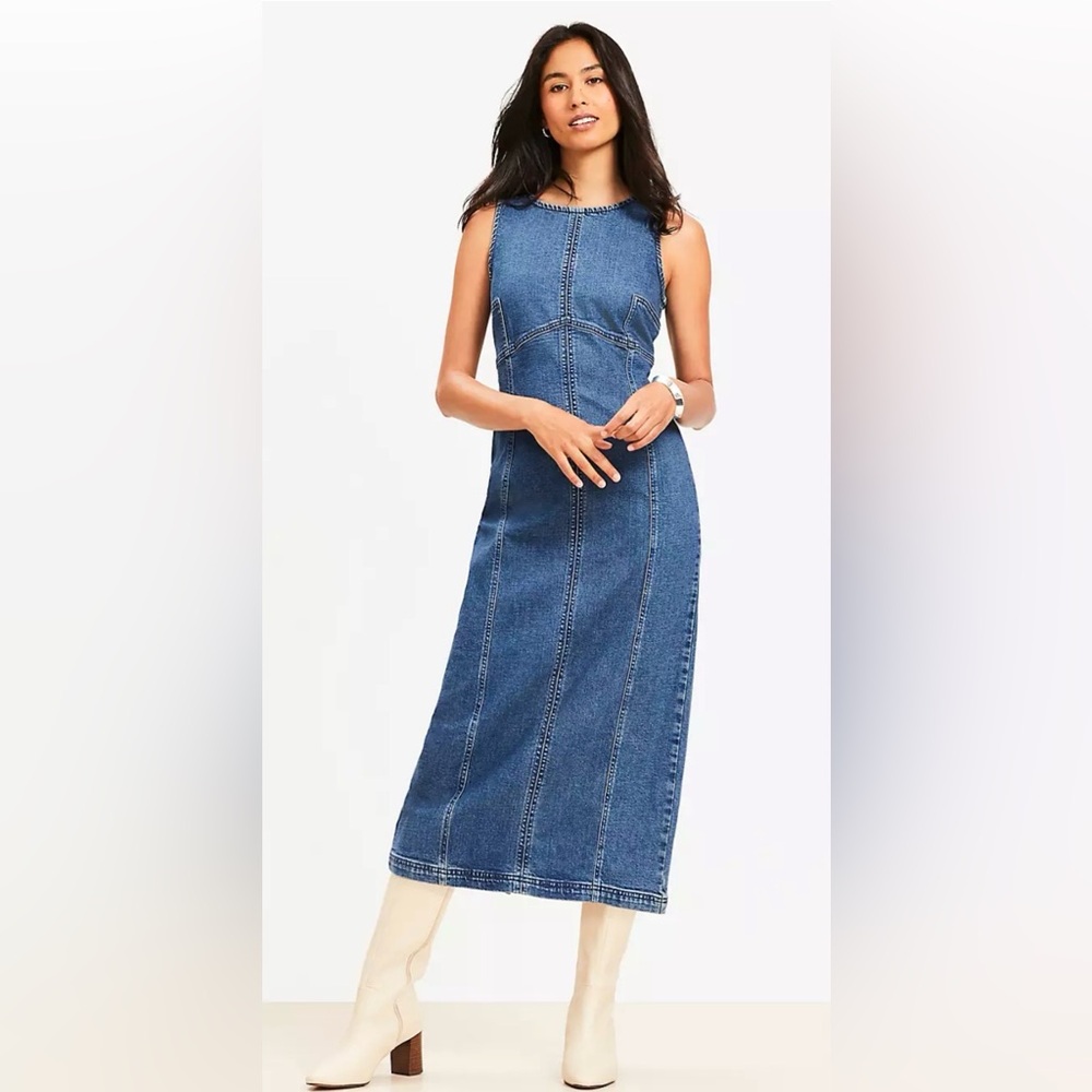 LOFT Seamed Denim Midi Dress Classic Mid Wash Women Size 0 Petite NEW